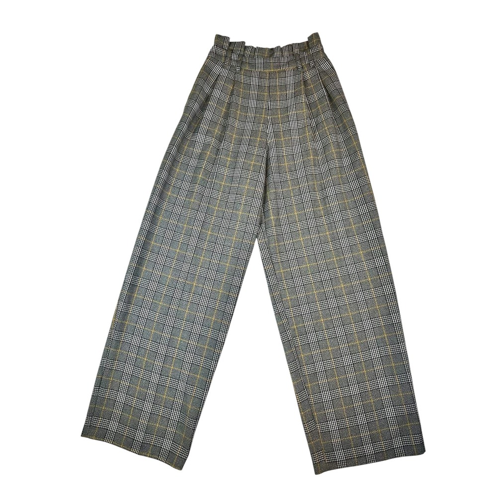 Topshop Grey Plaid Wide Leg Paperbag Waist Trousers Glen Check Pants US 4
